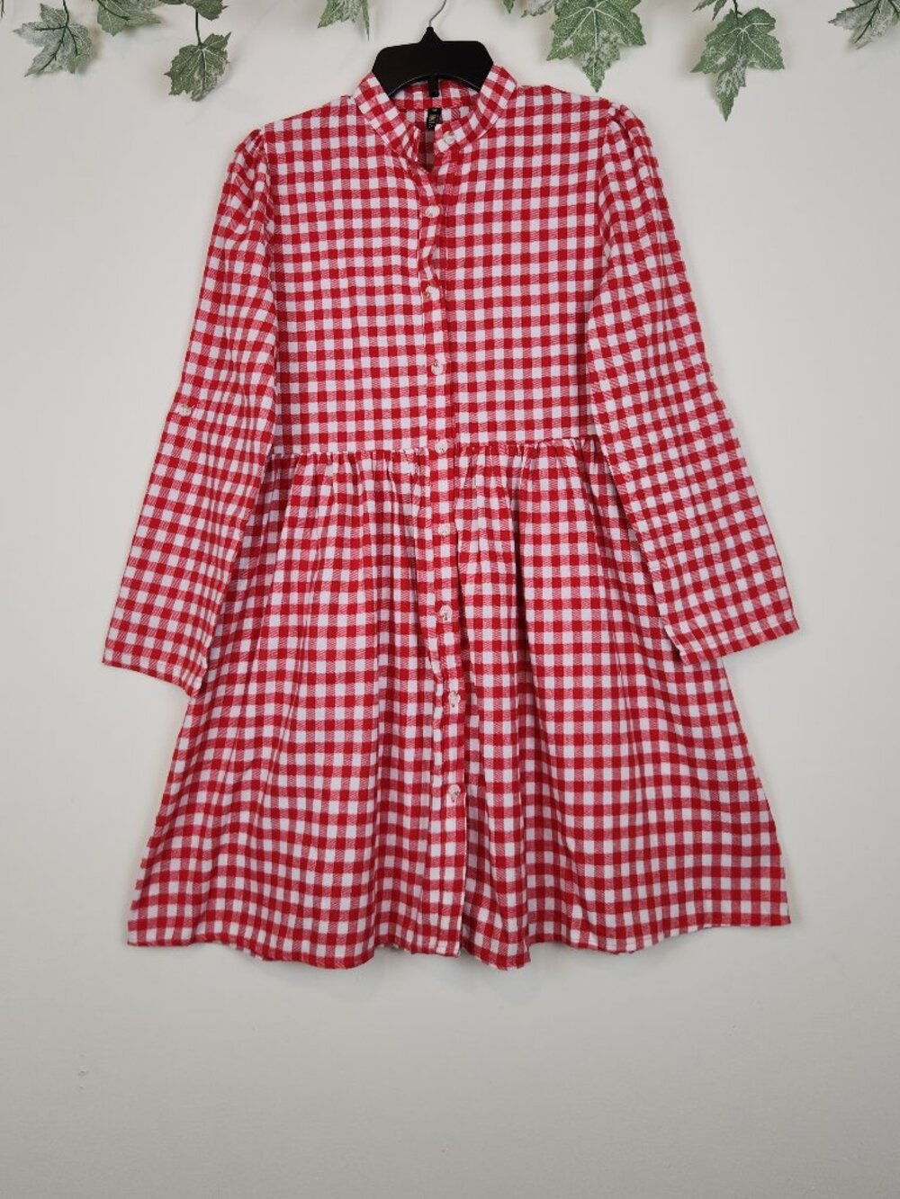 Fancyinn Size XS Gingham Red White Plaid Long Roll Tab Sleeve Dress w/ Pockets